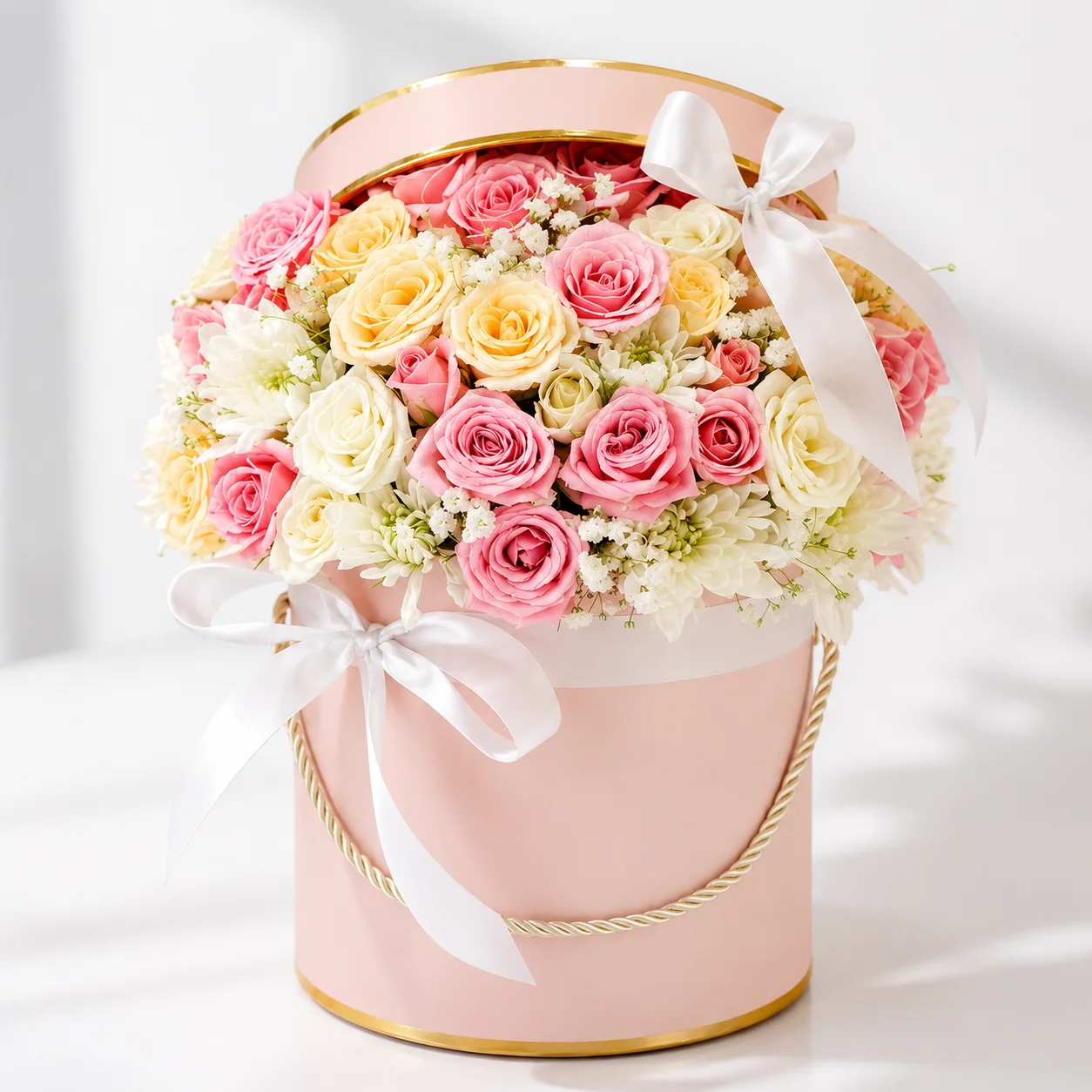 Pink Whisper floral box with pink, peach and white spray roses alongside fresh white chrysanthemums